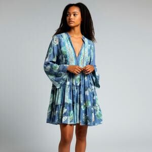 Zury 100% Cotton Boho Tiered Mini Dress Blue Floral Embroidered Free Size M NWT